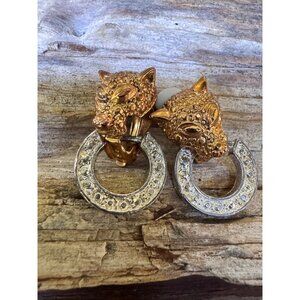 Gold-Tone Leopard Clip-On Earrings With Rhinestone-Studded Circular Hoops